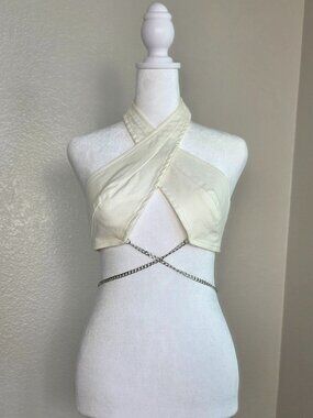 Y2K Halter Cross Front Top Denim S Off-White w Butterfly Chain